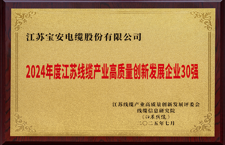喜报|宝安电缆入选2024年度江苏线缆产业高质量创新发展企业30强